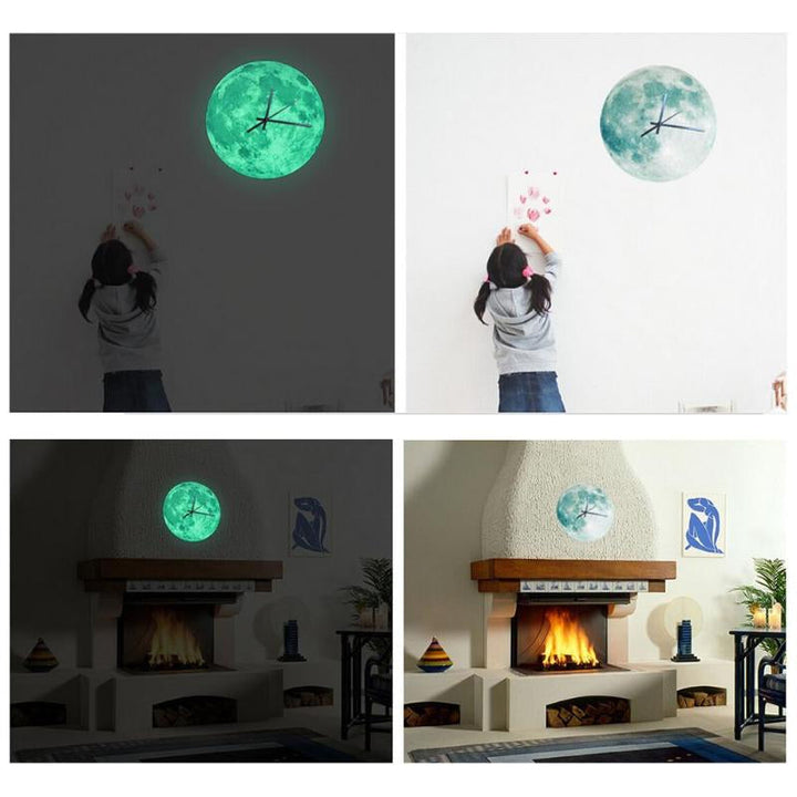 Illuminated moon wall clock showing soft night light effect in a modern living room