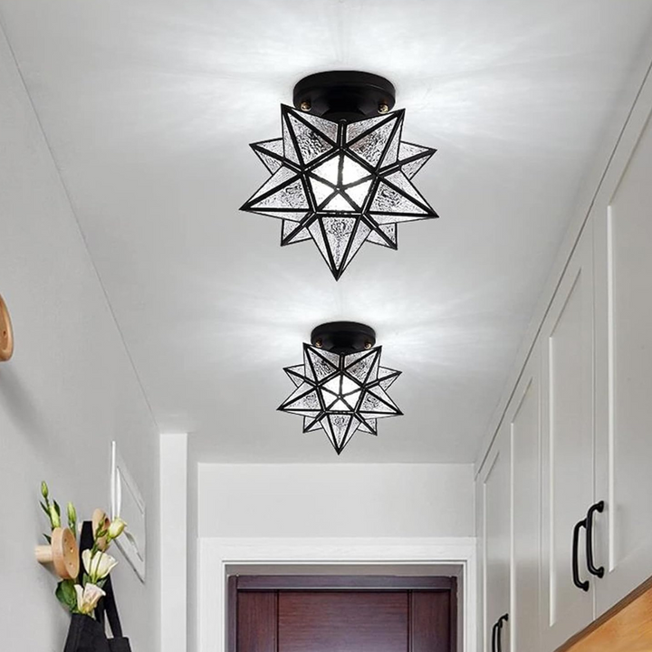 Close-up view of the elegant black and gold starry LED ceiling light fixture