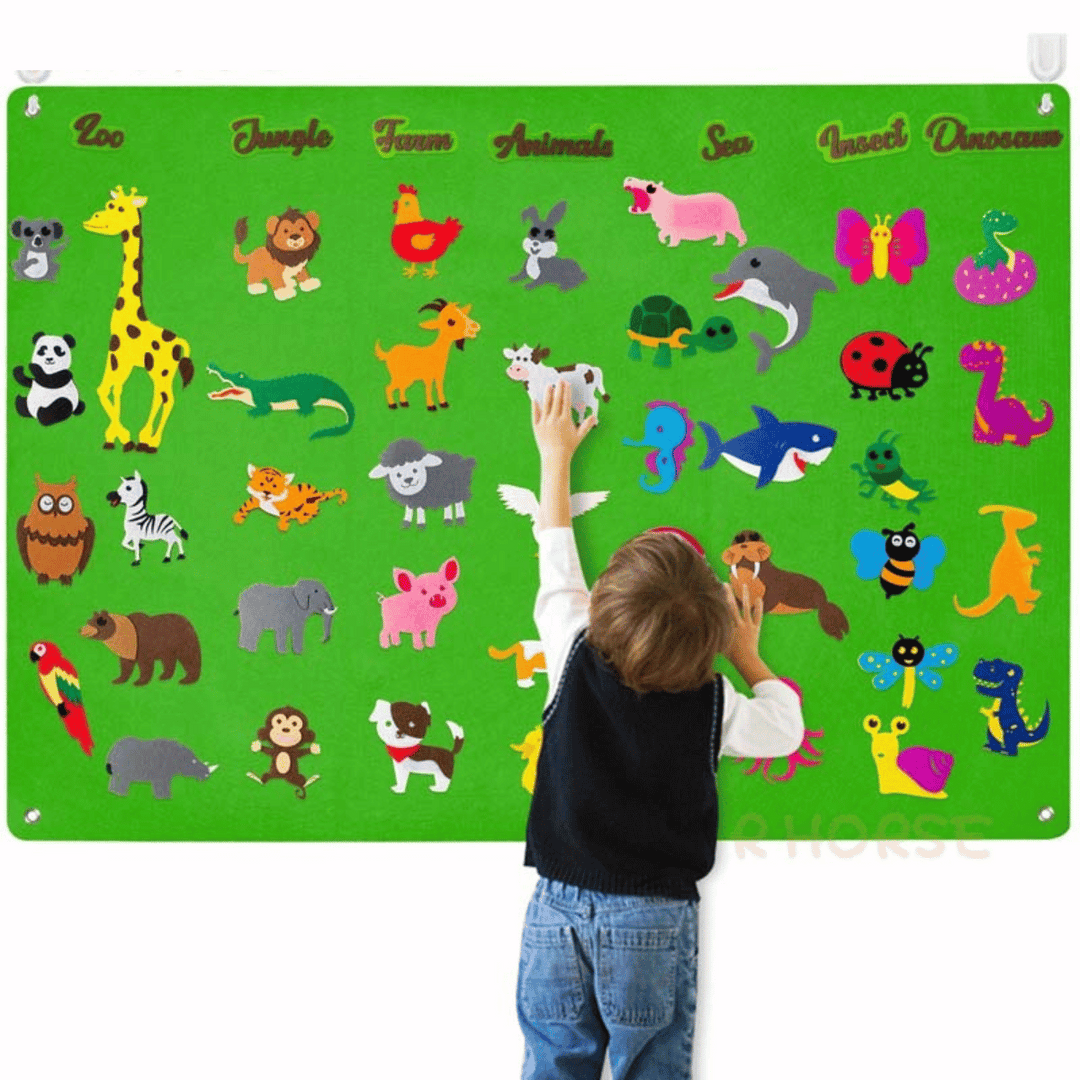 Full set of kids felt story board showing multiple themed background scenes