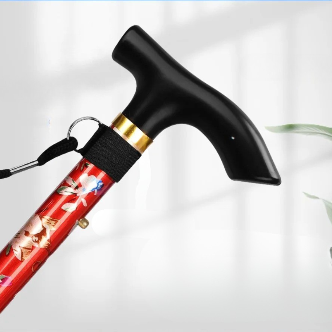 Travel-friendly folding cane packed neatly inside a compact backpack