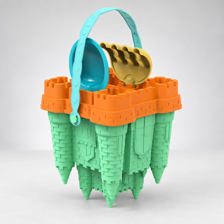 Colorful sand bucket with sandcastle molds for creative children beach play