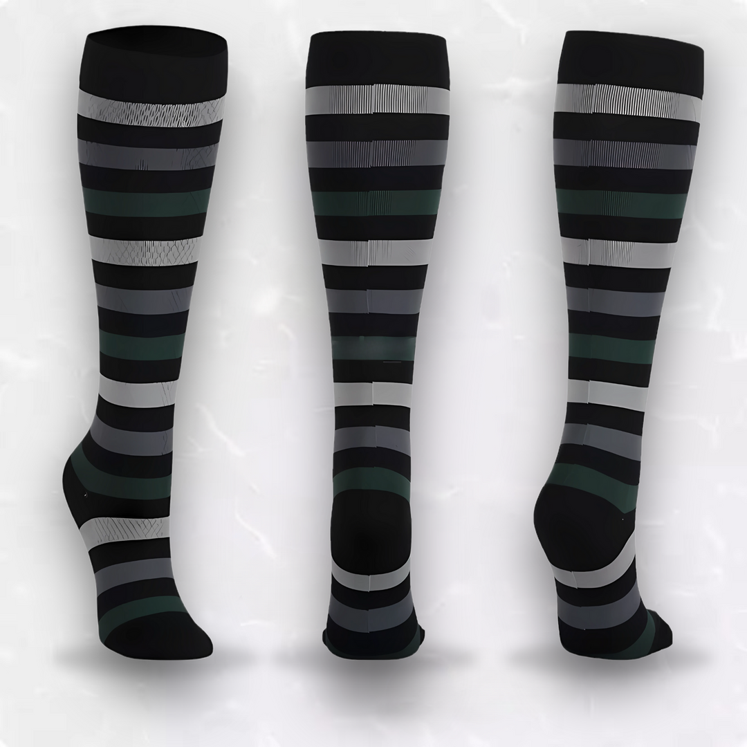 Black and green striped compression socks displayed from multiple angles