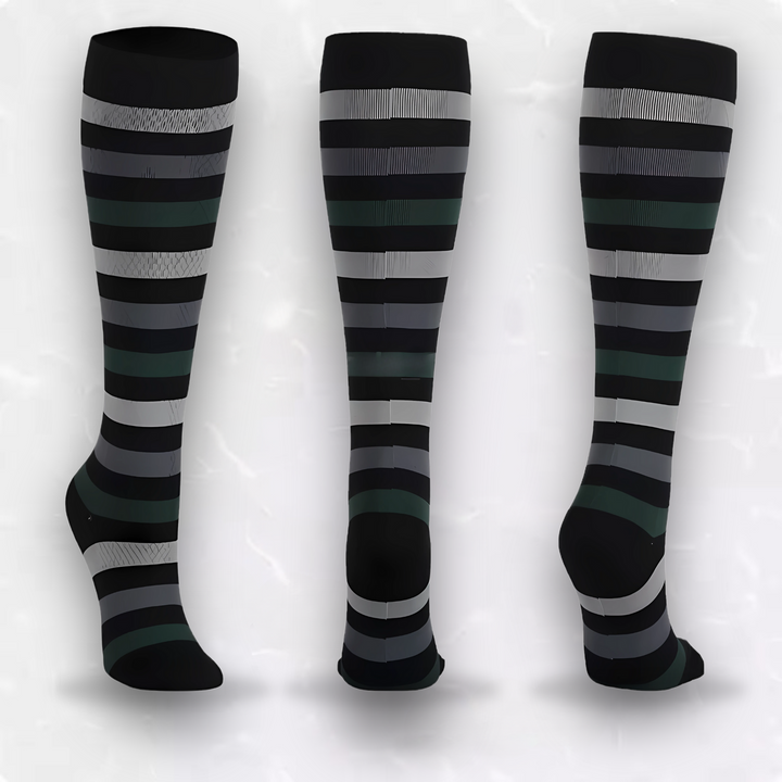 Black and green striped compression socks displayed from multiple angles