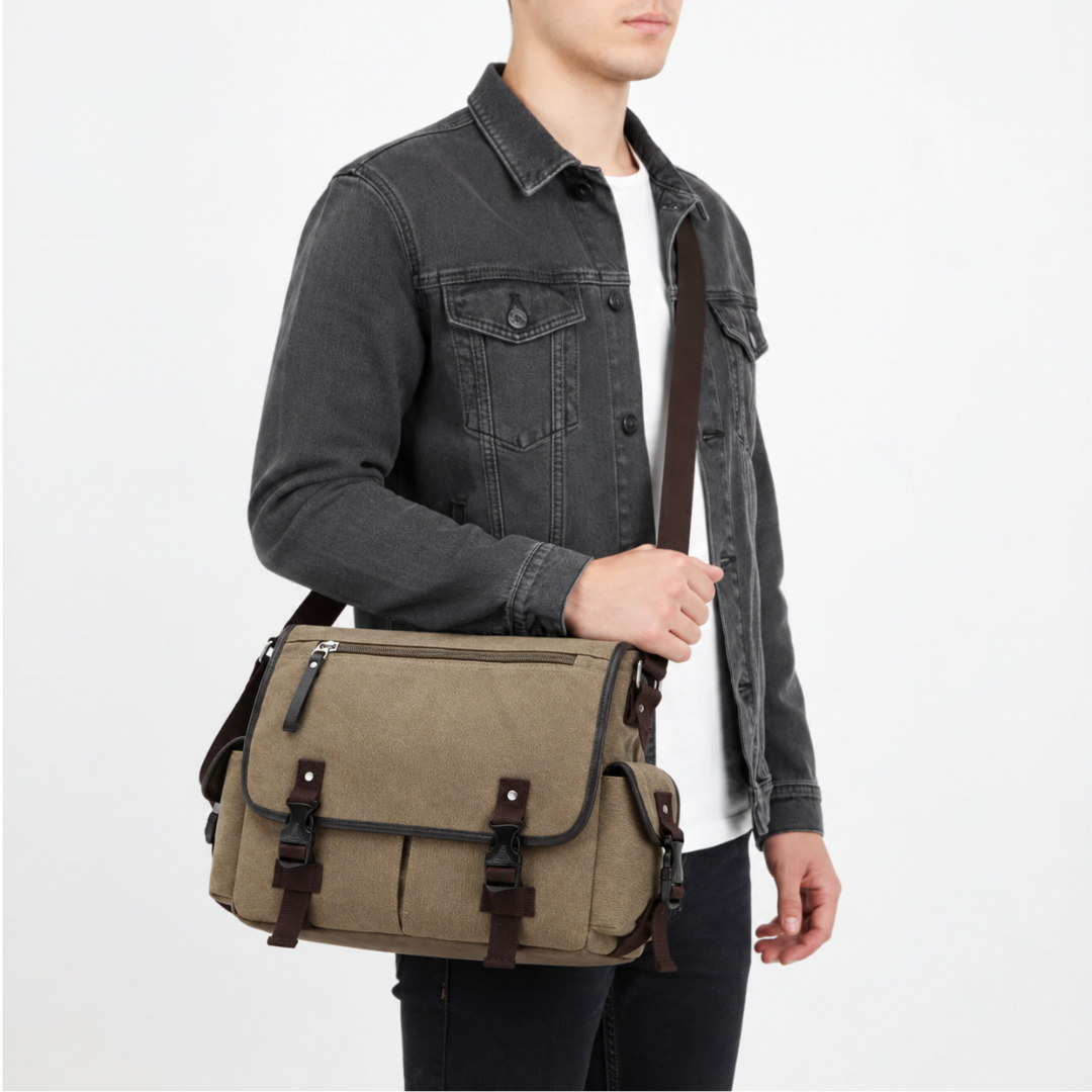 Studio shot of a man wearing a khaki canvas messenger bag with zippered front pocket