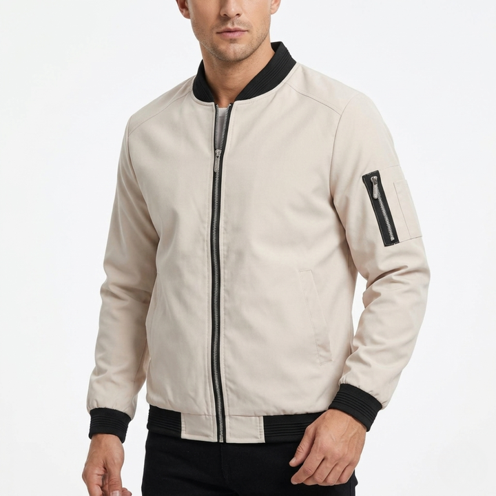 Close-up of front zipper closure on casual men's bomber jacket