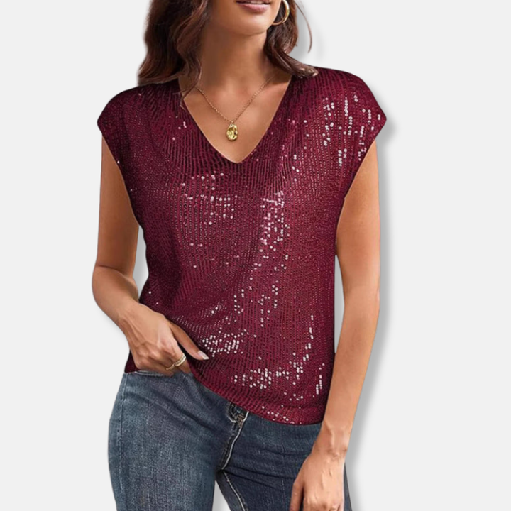 Womens sparkly sequin V-neck top in glamorous evening wear style with cap sleeves