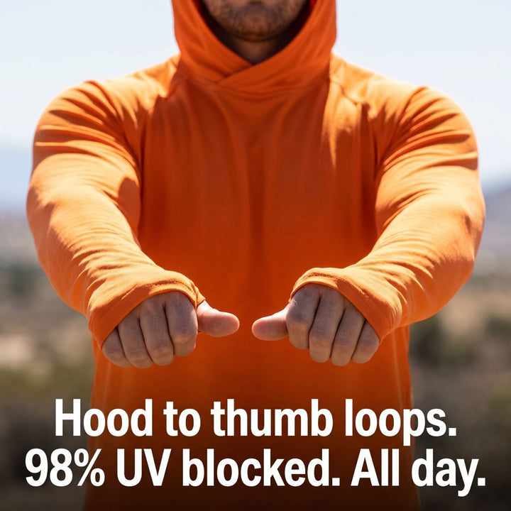 Close-up view of hands wearing the sun hoodie demonstrating extended thumb loop coverage