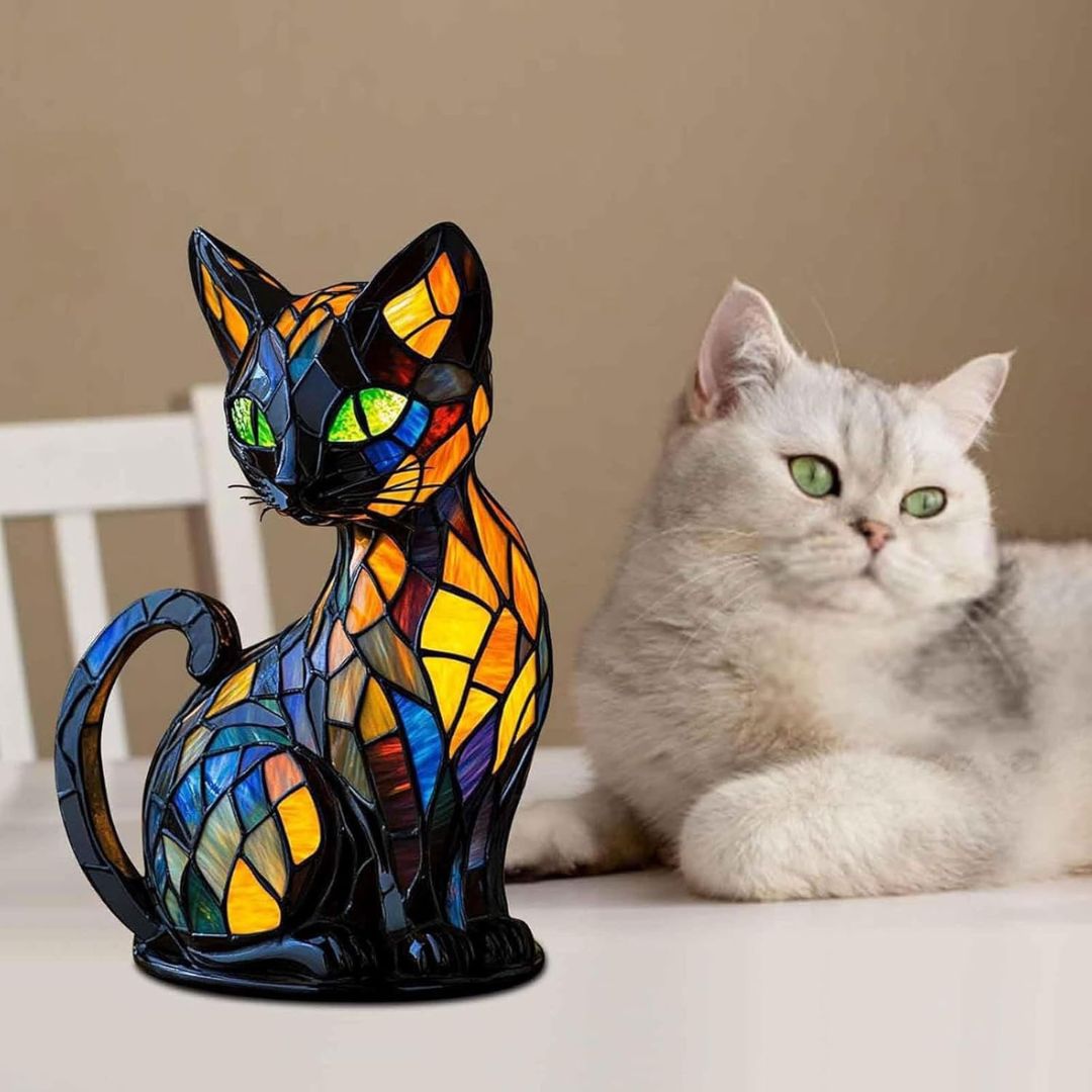 Stunning cat lamp featuring intricate mosaic design and cozy warm lighting