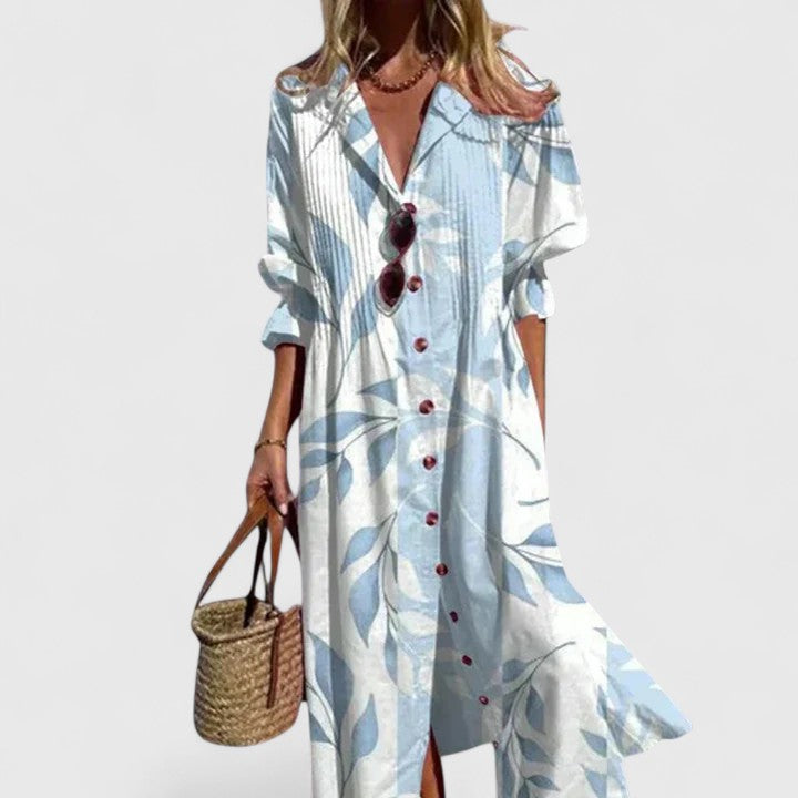 Long sleeve summer maxi dress in a tropical leaf pattern with button-front design
