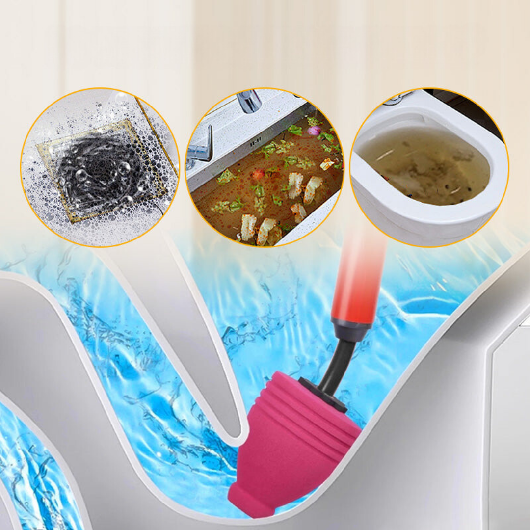 Pneumatic drain cleaner and toilet plunger tool with pressure gauge