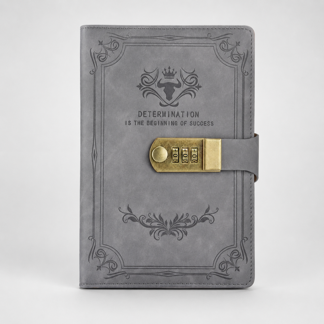 Grey vintage A5 lockable journal with embossed cover and code lock