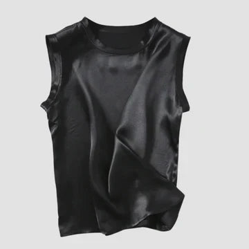 Black sleeveless satin top displayed neatly on a clean surface