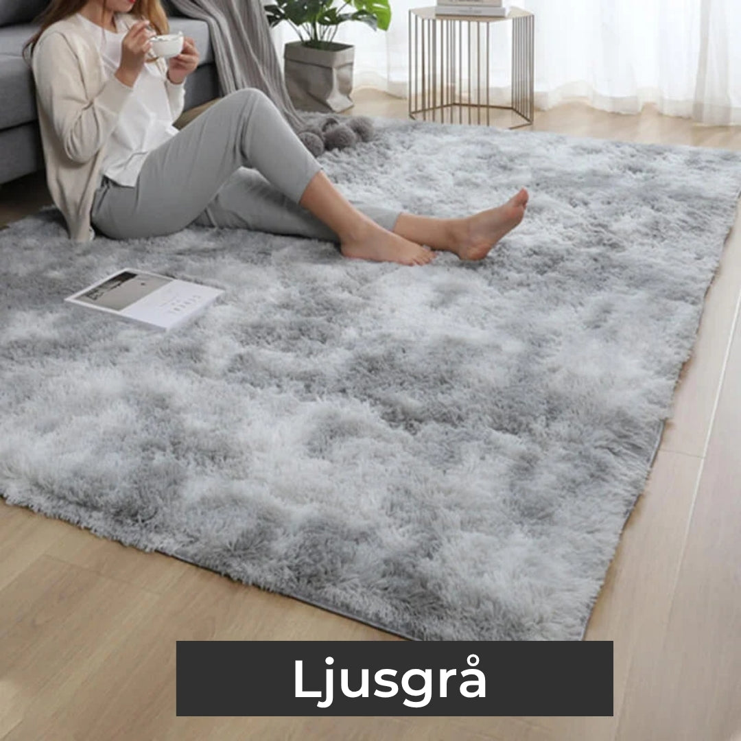 Folded fluffy area rug demonstrating flexibility and easy maintenance