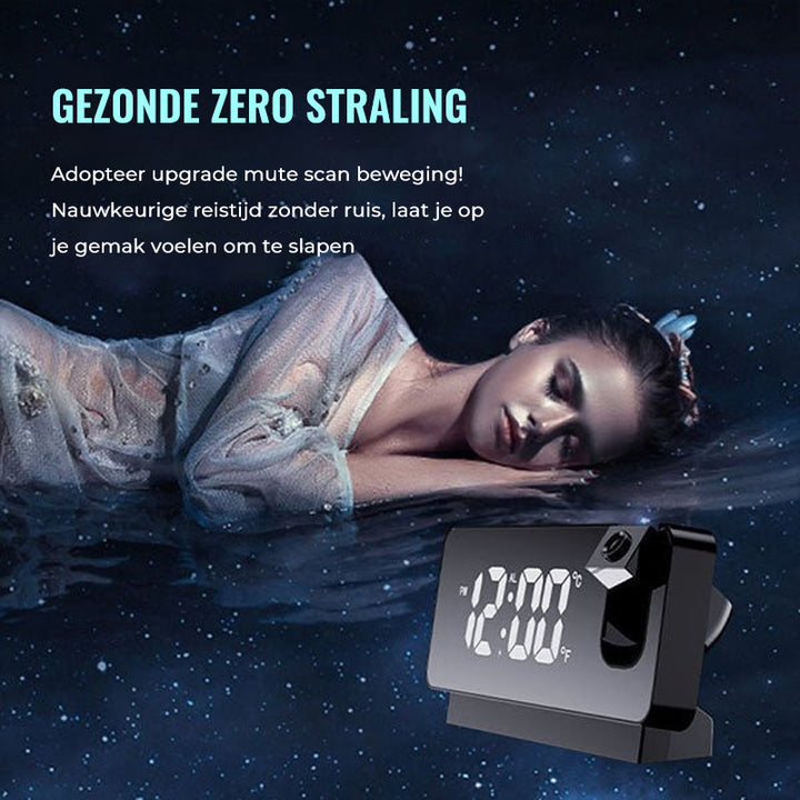 Stylish smart LED clock projecting time brightly onto a bedroom wall