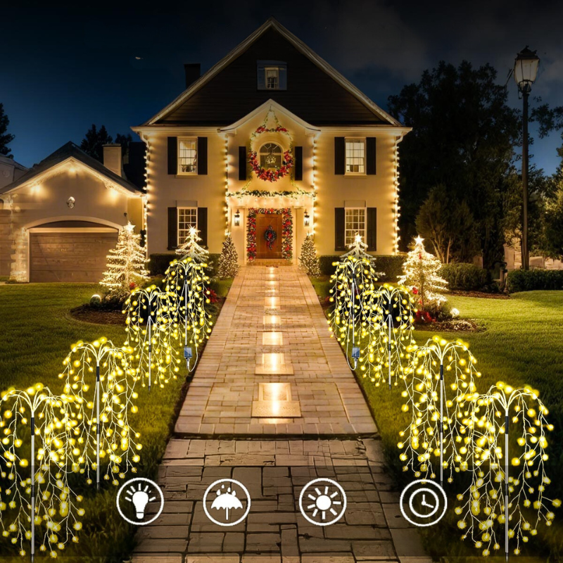 Solar firework string lights glowing in a dark outdoor garden for patio decor