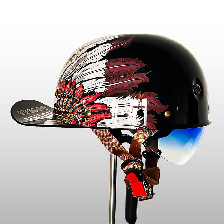 Rider wearing protective safety helmet with baseball cap design