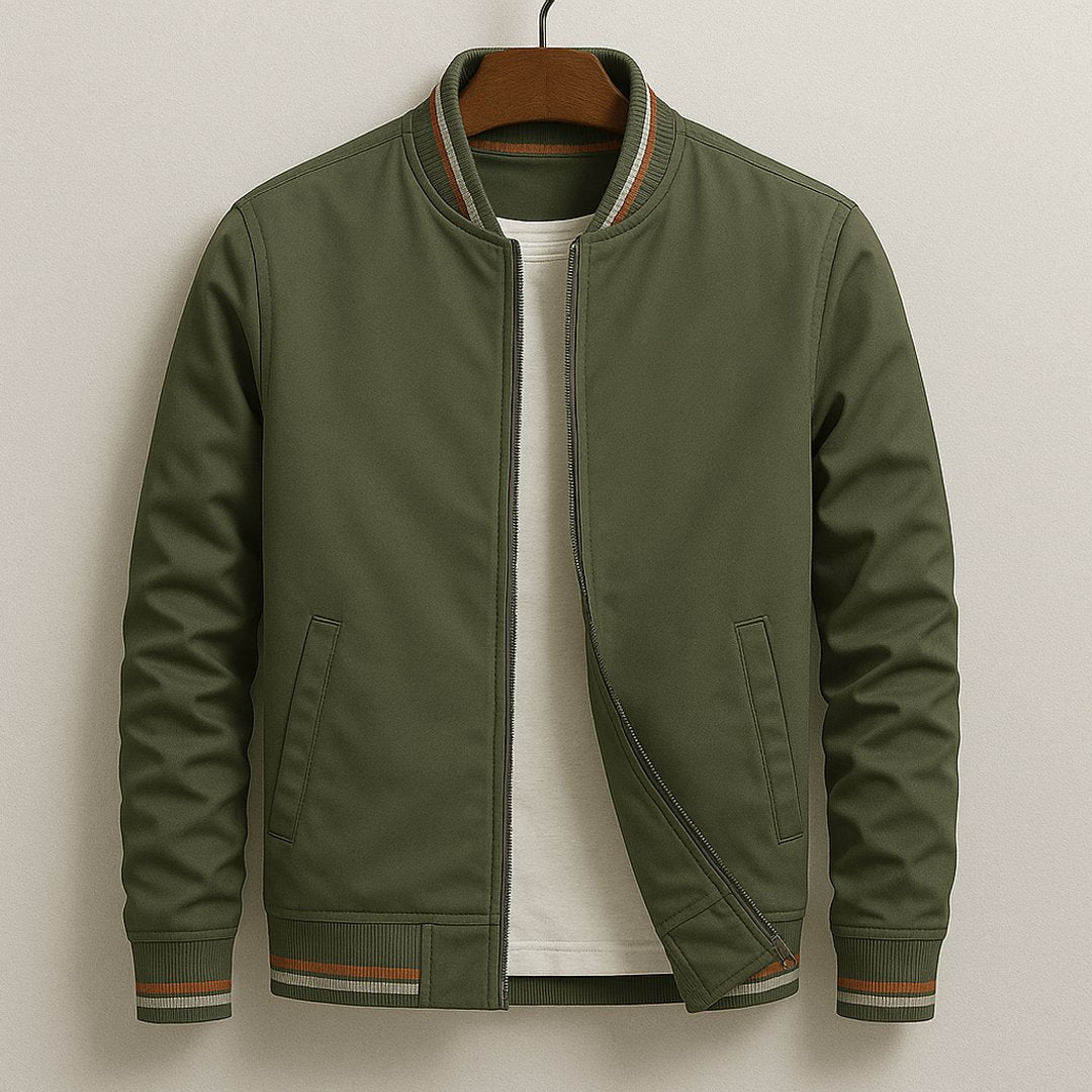Close-up of durable zipper and fabric texture on men's casual outerwear jacket