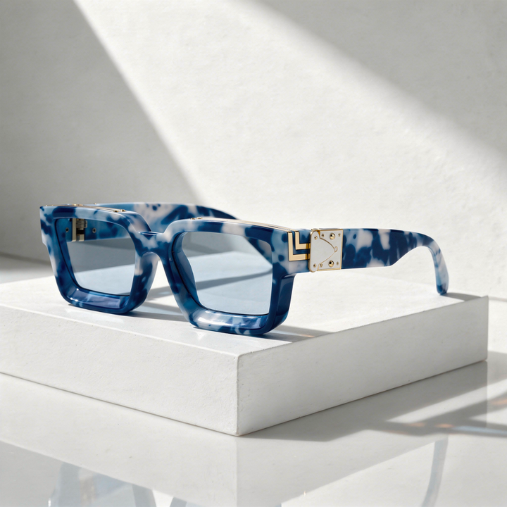 Designer style square sunglasses featuring durable metal hinge shades