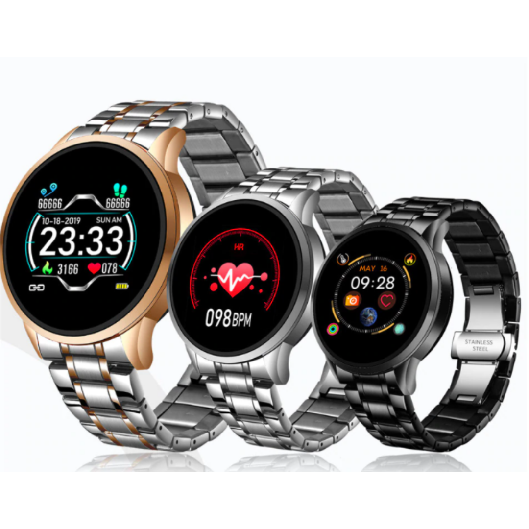 Multiple color variations of the TimelessTrack smartwatch including silver and gold