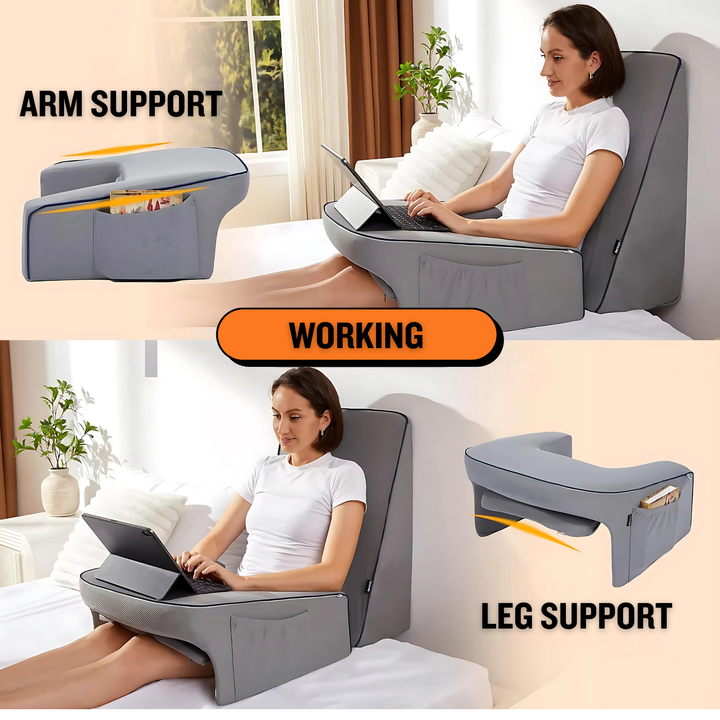 Grey ergonomic lap pillow shown from the side for reading support