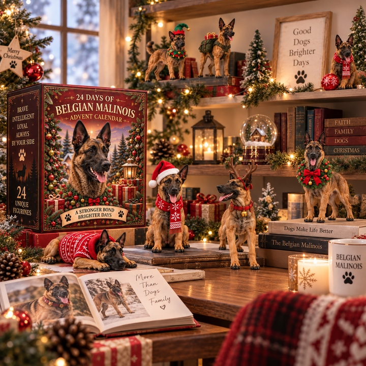 Dog advent calendar box displayed alongside festive figurines and holiday decor on a wooden table.