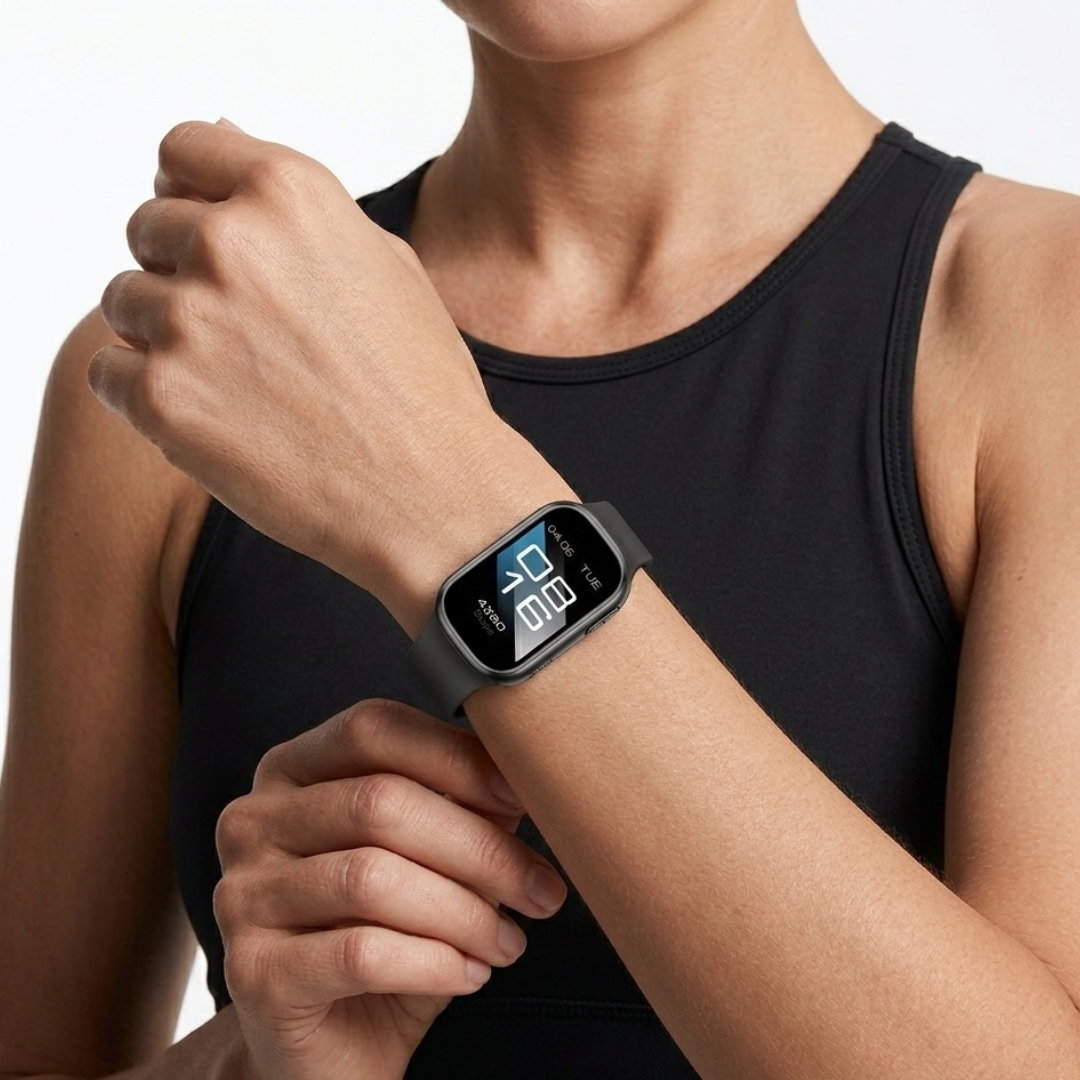 Activity tracker watch showing weather forecast on digital display