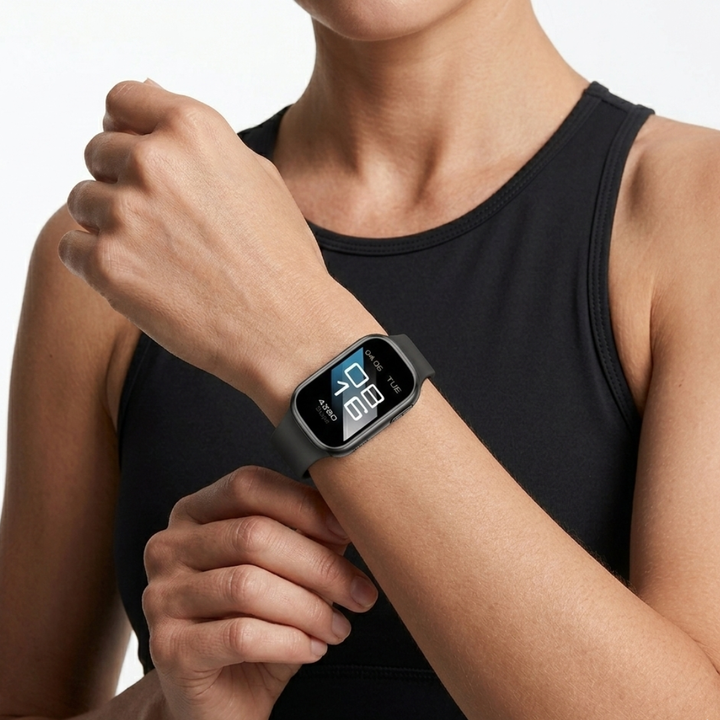 Activity tracker watch showing weather forecast on digital display