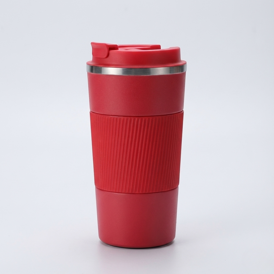 Red stainless steel travel mug with leak-proof lid