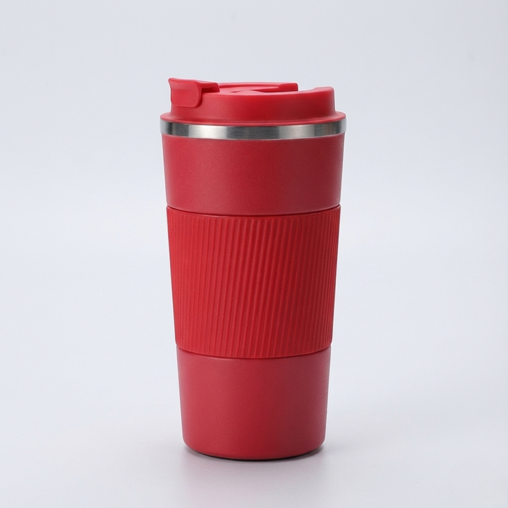 Red stainless steel travel mug with leak-proof lid