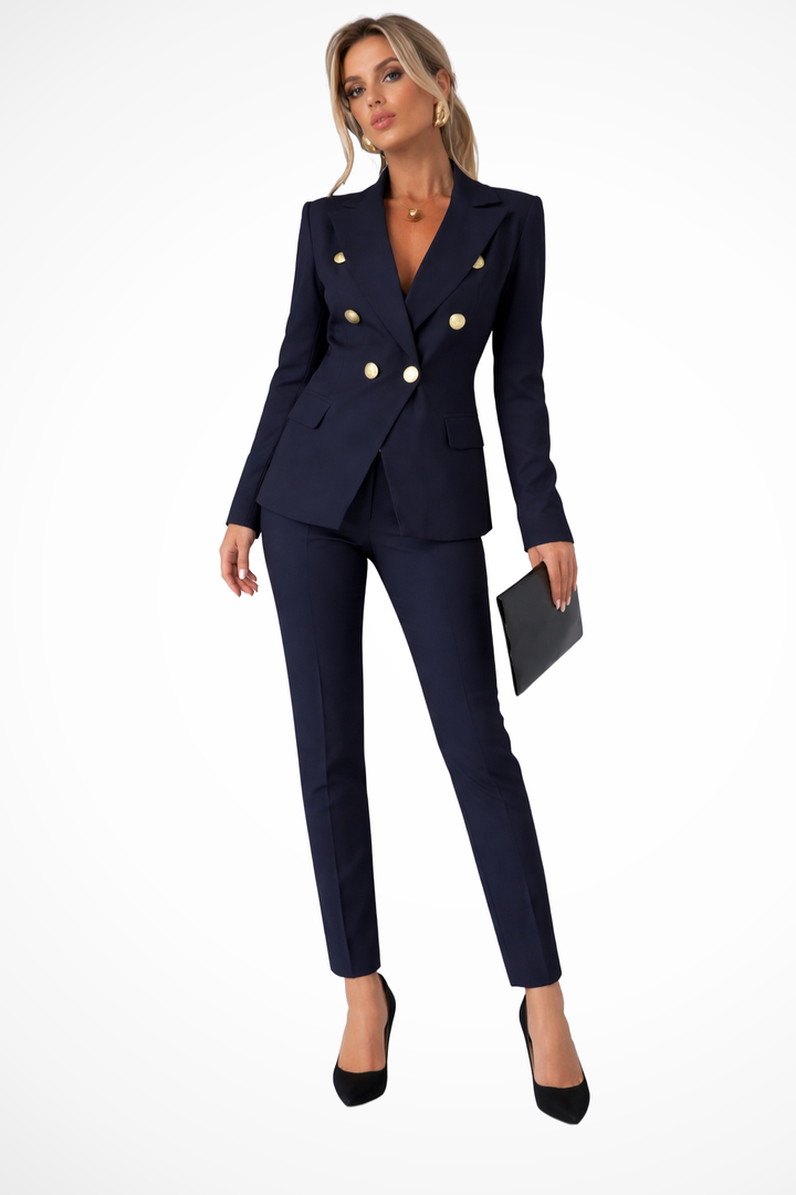 Two-piece formal pantsuit featuring a double-breasted blazer and matching office trousers