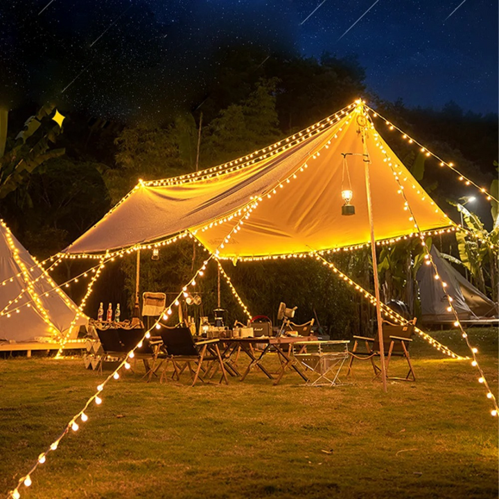 Bright LED globe string lights perfect for outdoor camping tents and patios