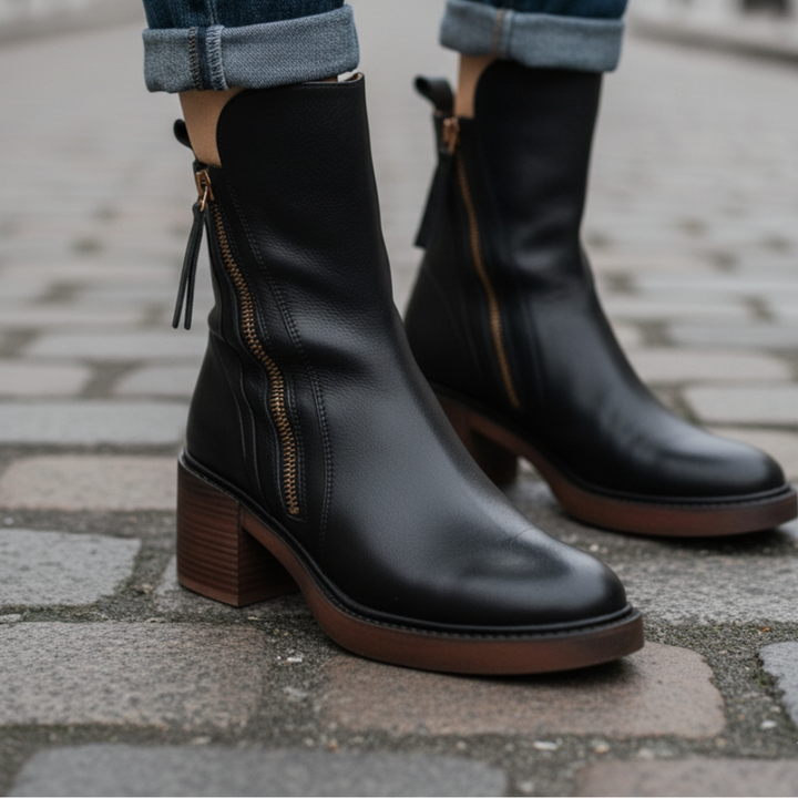 Back view of brown casual ankle boots featuring a supportive block heel