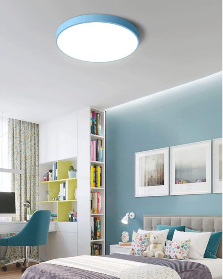 Minimalist decor ceiling lamp emitting warm ambient LED light glow