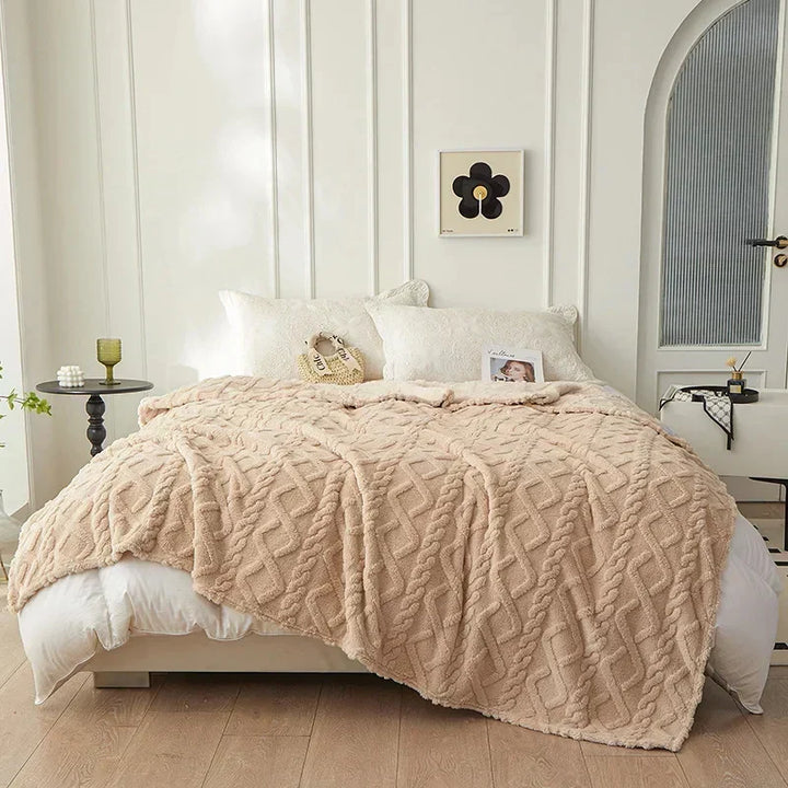 Detailed shot of cozy home decor blanket texture and premium hem stitching