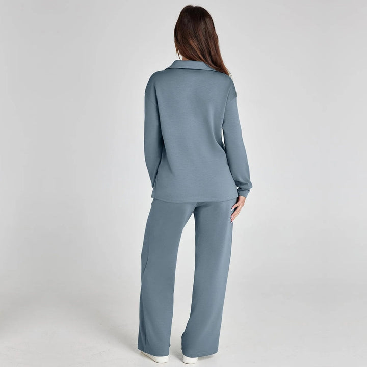 Back view of model wearing light blue loungewear set