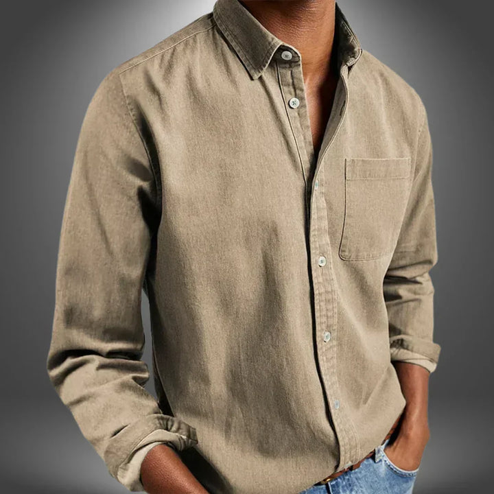 Man wearing khaki button-up shirt