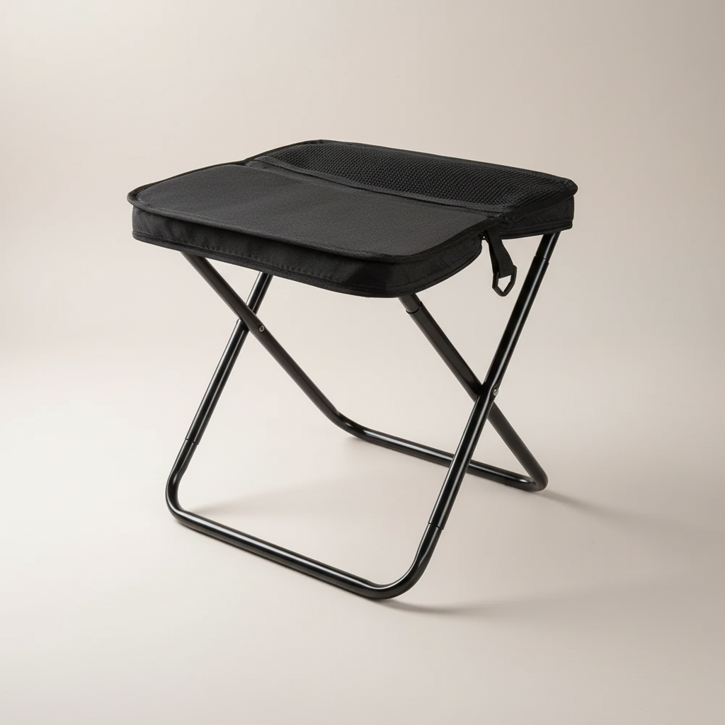 Travel-friendly foldable camping stool resting inside a backpack side pocket