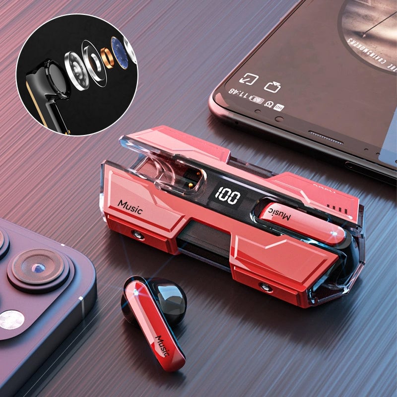 Red wireless headset charging case near smartphone with audio driver inset