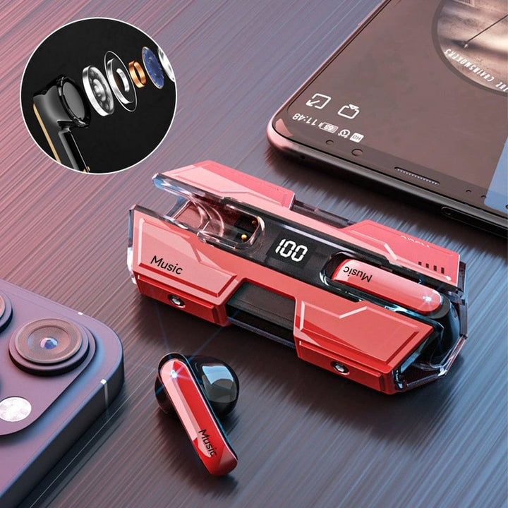 Red wireless headset charging case near smartphone with audio driver inset