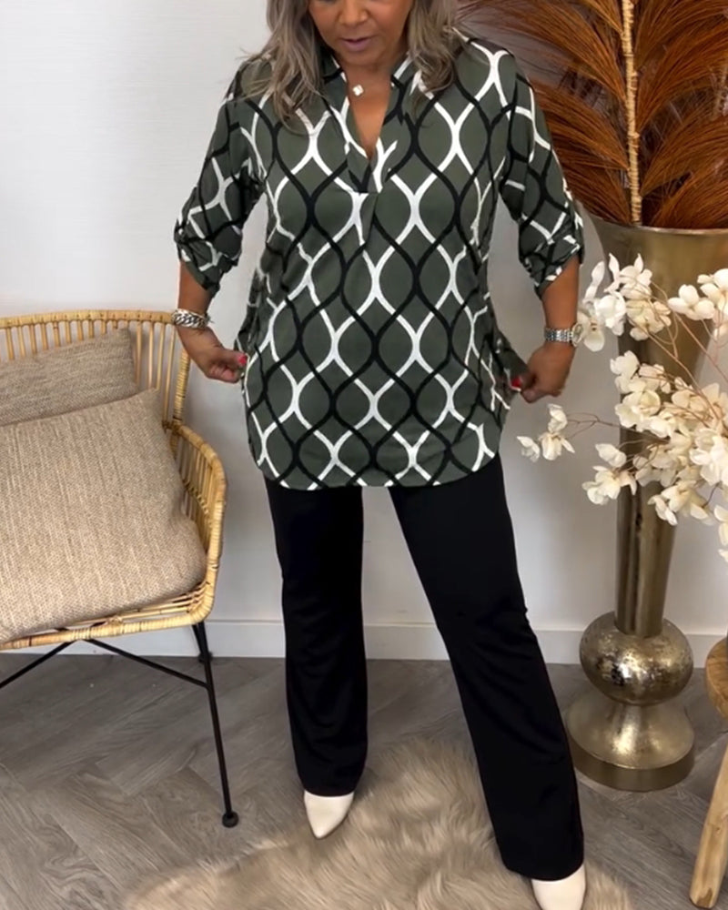 Full outfit inspiration featuring the green geometric printed blouse