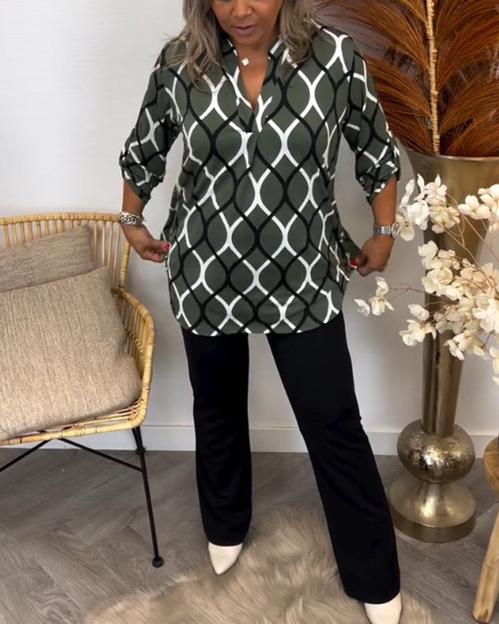 Full outfit inspiration featuring the green geometric printed blouse