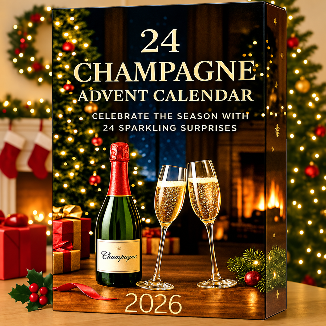 Champagne Countdown Advent Calendar 2026 promotional box with champagne glasses