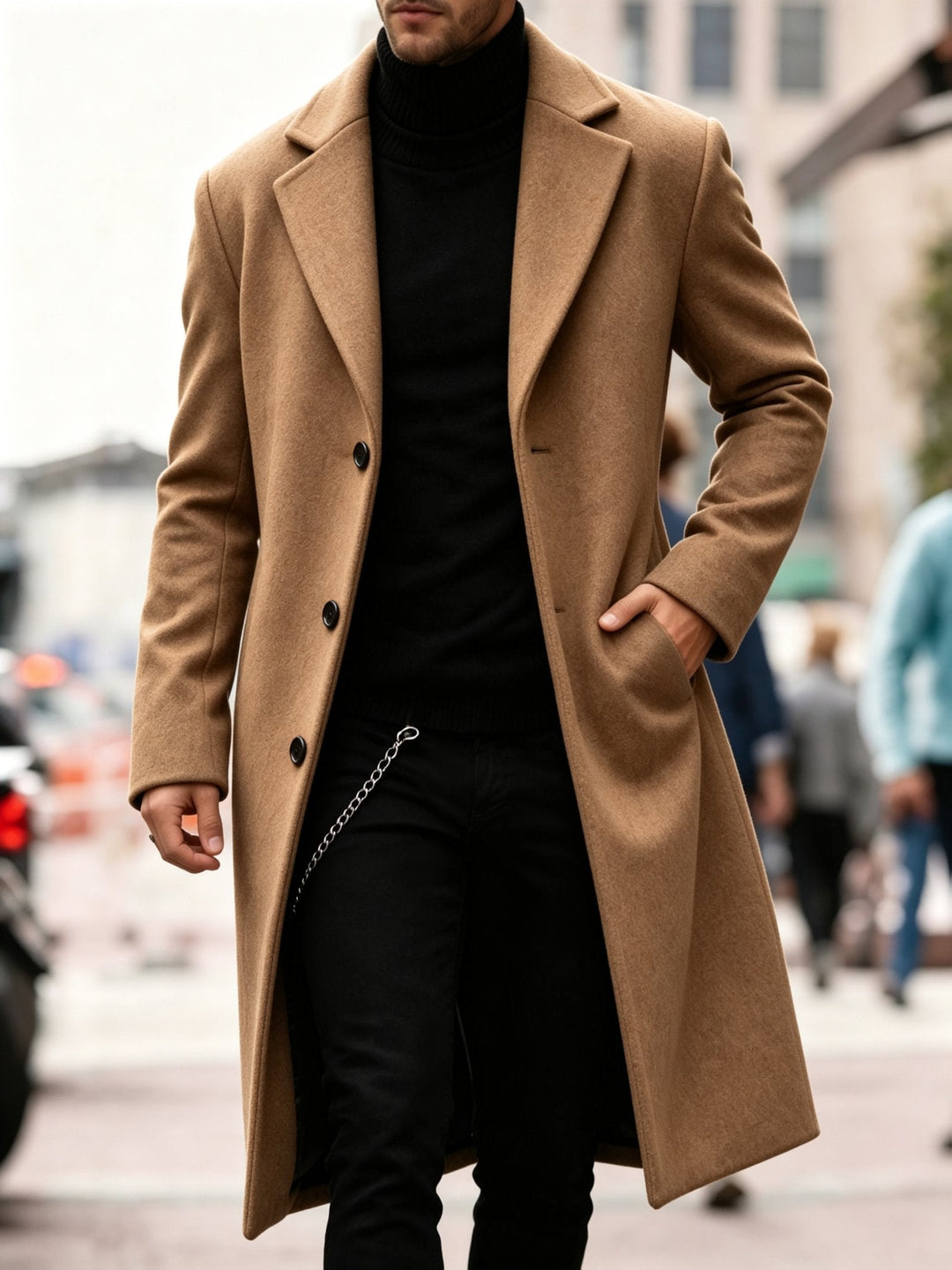 Men's trench coat styled with a business suit for a professional formal outfit.