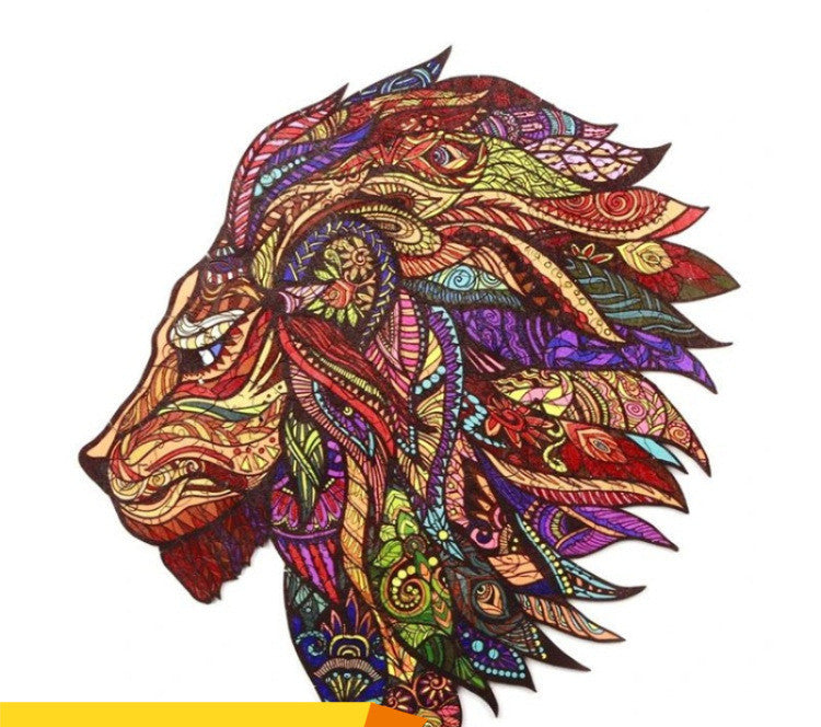 Unisex detailed wooden lion jigsaw puzzle wall art in completed state on display