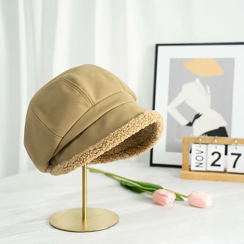 Cozy brown plush winter bucket hat, trendy womens fashion hat