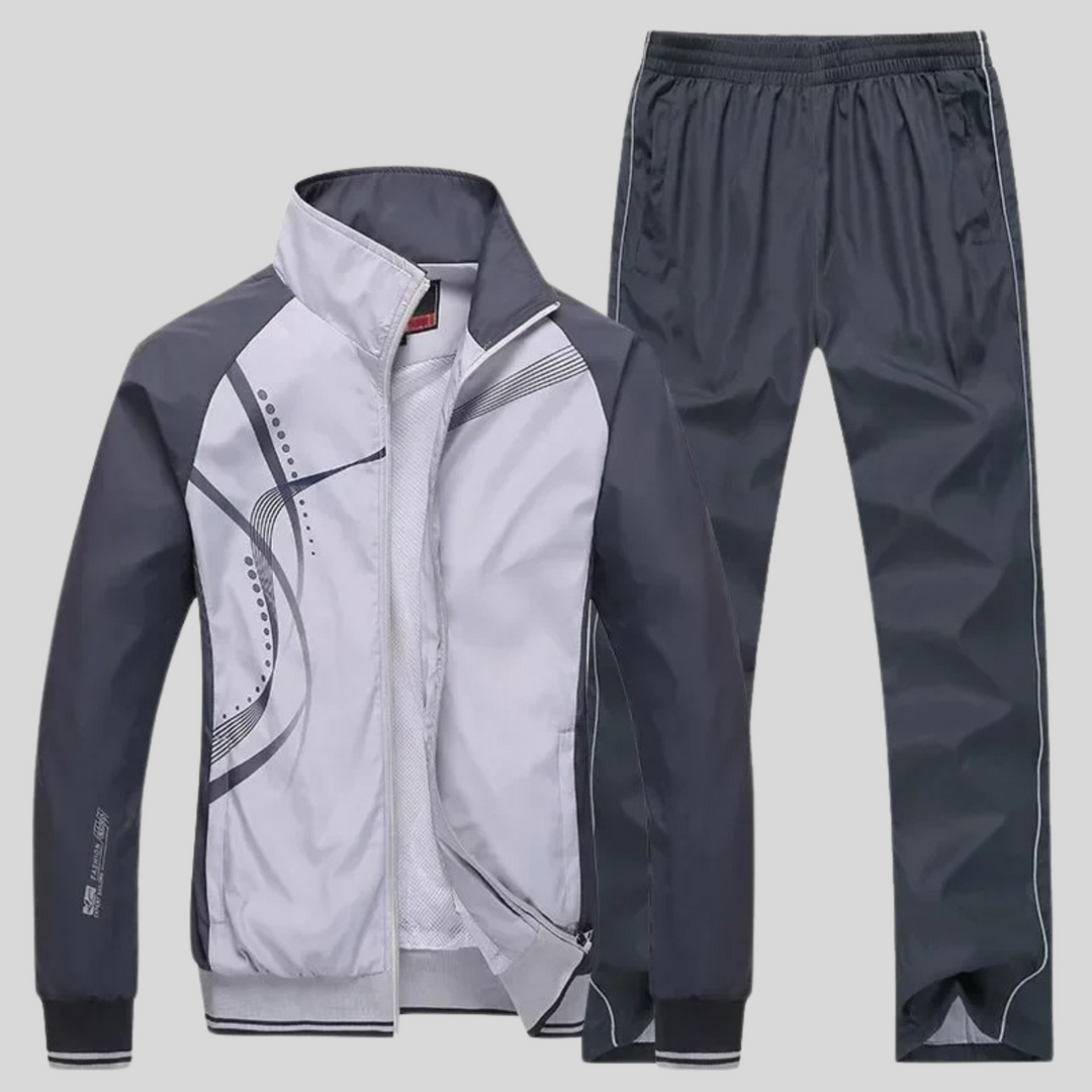Mens modern performance tracksuit in athletic design, side view