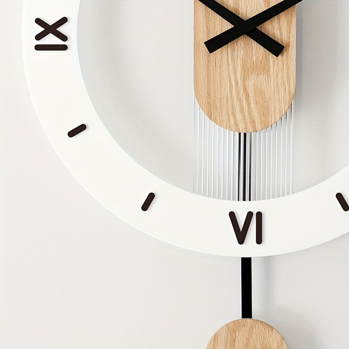 Hanging pendulum wall clock shown in a cozy living room decor arrangement