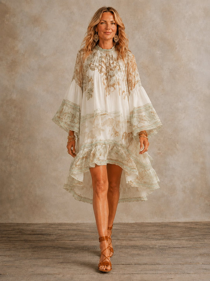 Women's printed mini dress with long sleeves and tiered ruffle hem, front view