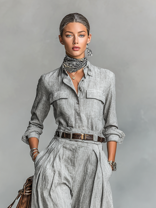 Close-up portrait of a woman wearing a gray button-down shirt paired with a patterned neck scarf.