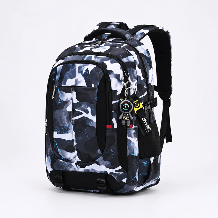 Unisex boxy school backpack in dark grey showing durable shoulder straps and top handle.